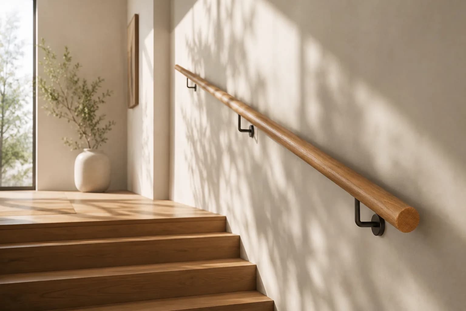 Maßgefertigter Handlauf aus heimischem Holz an einer Treppe